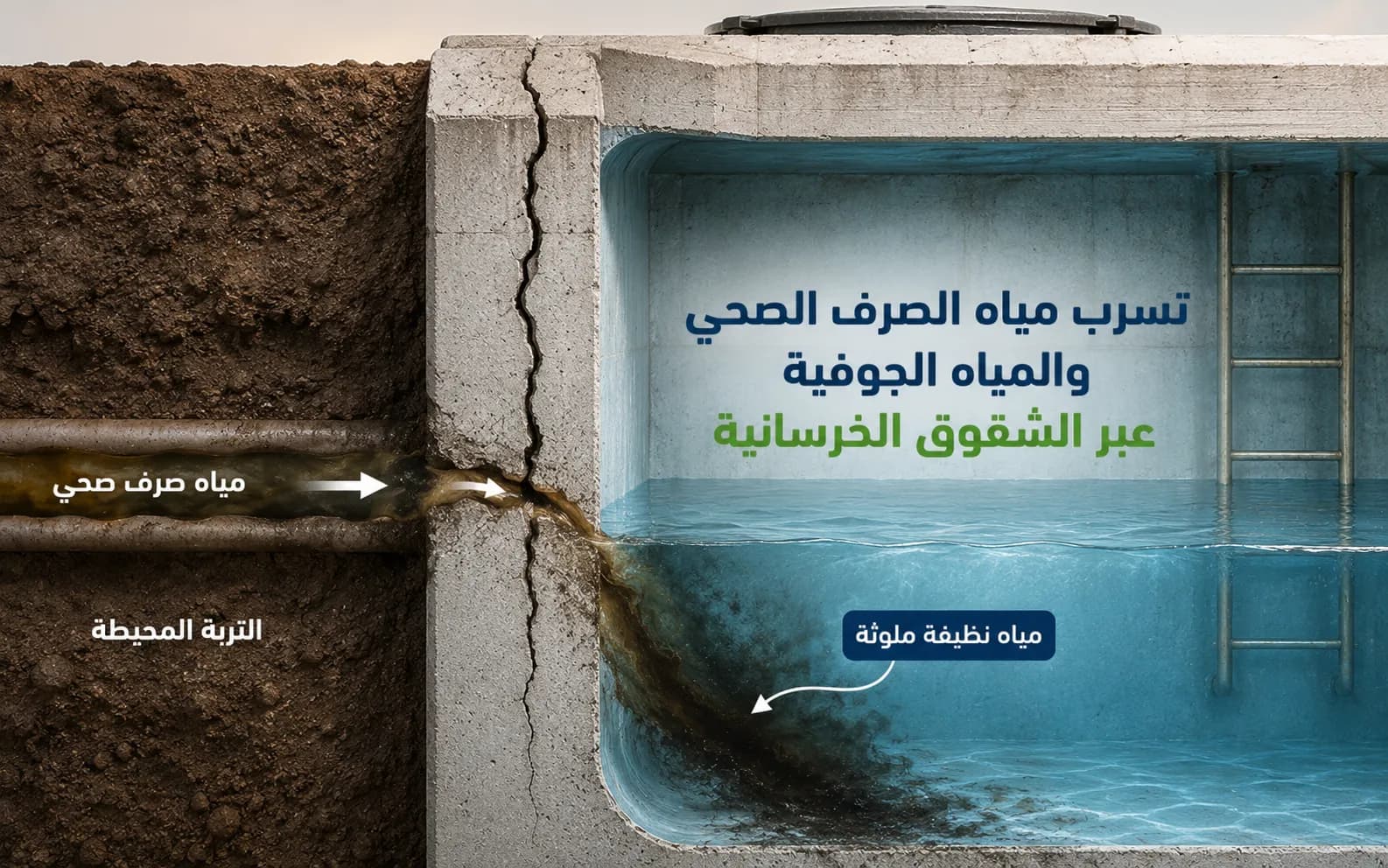 تسرب مياه الصرف الصحي والمياه الجوفية عبر الشقوق الخرسانية