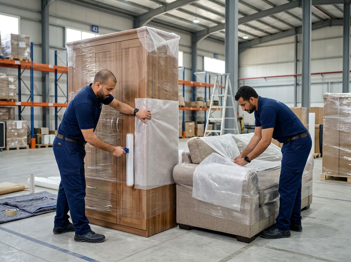 فنيون يقومون بتغليف وحماية الأثاث لمستودعات التخزين