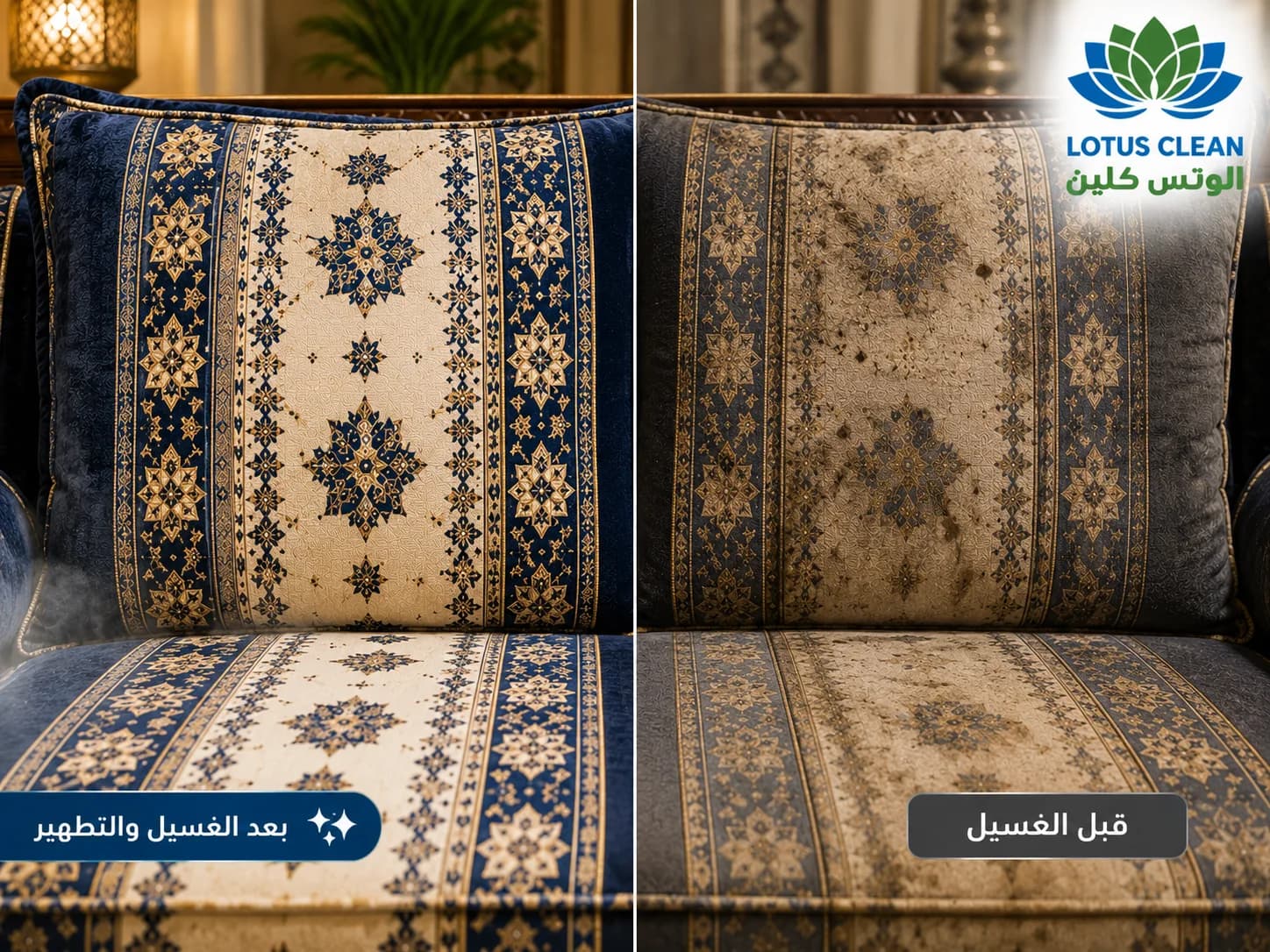 مقارنة نظافة المجلس قبل وبعد الغسيل بالبخار بجدة