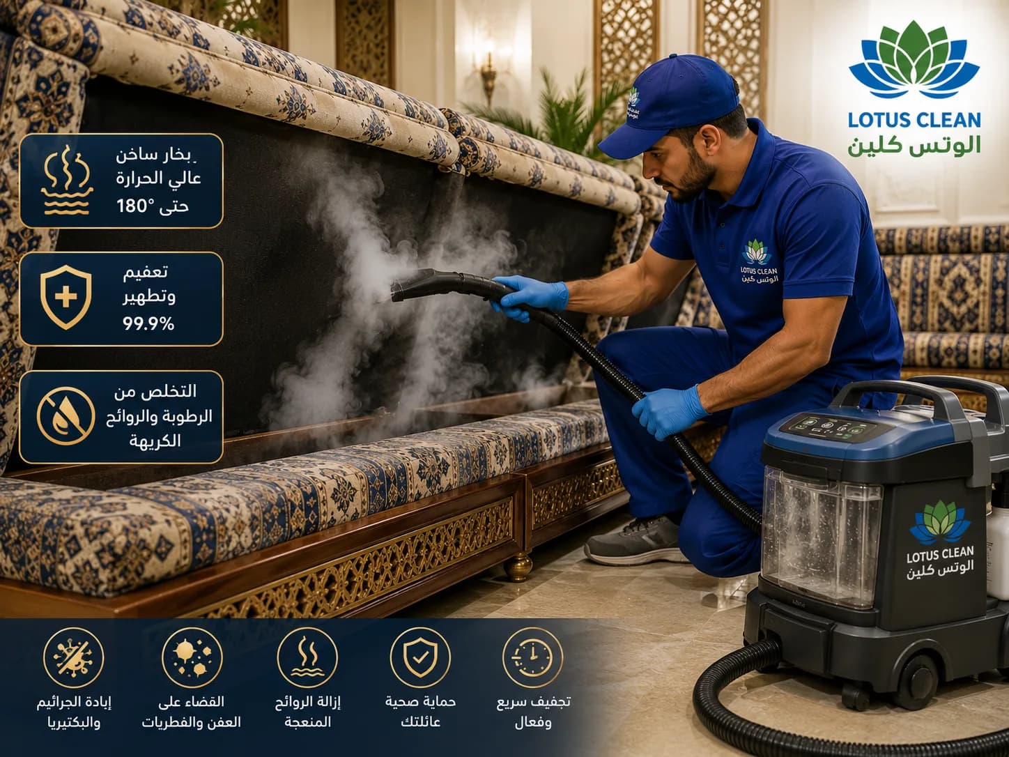 تعقيم وتطهير زوايا المجلس بالبخار الحار بجدة