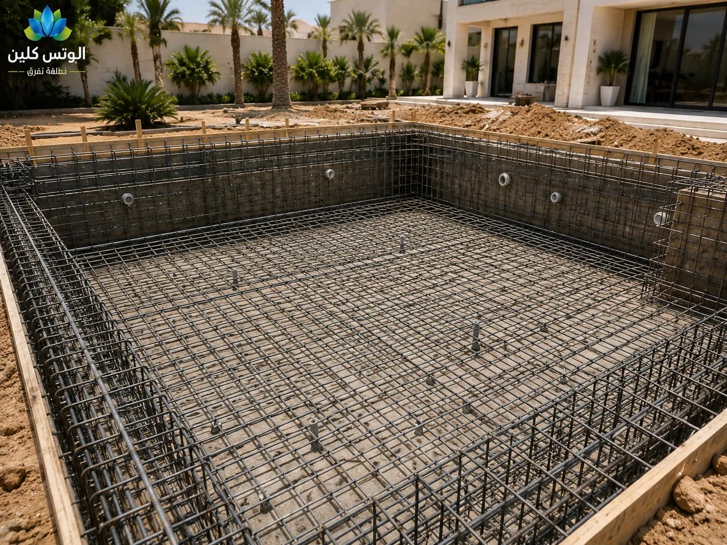 شبكة حديد التسليح المزدوجة لقاع وجدران المسبح