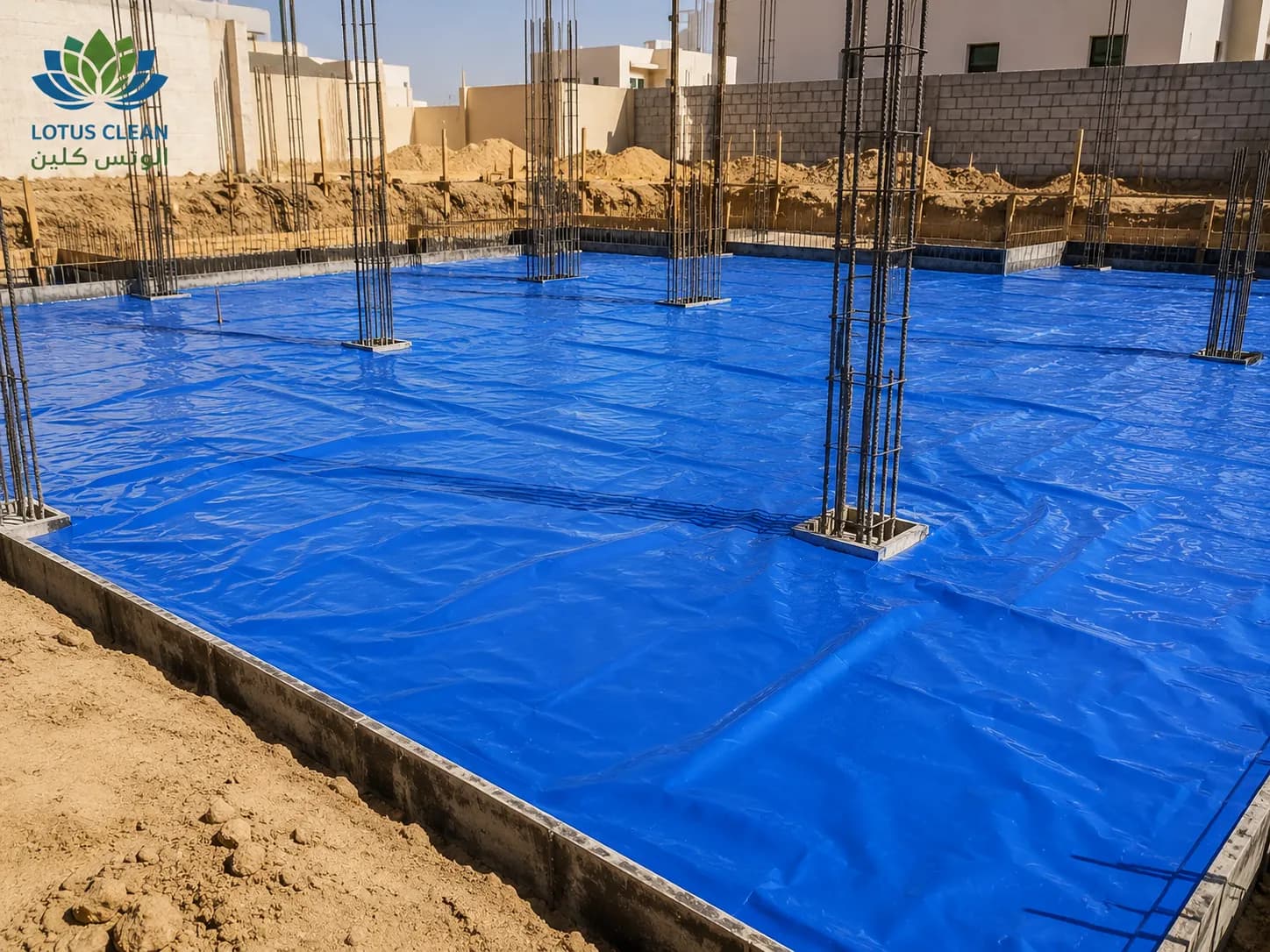 تركيب شراع البلاستيك الأزرق فوق الدفان المرشوش