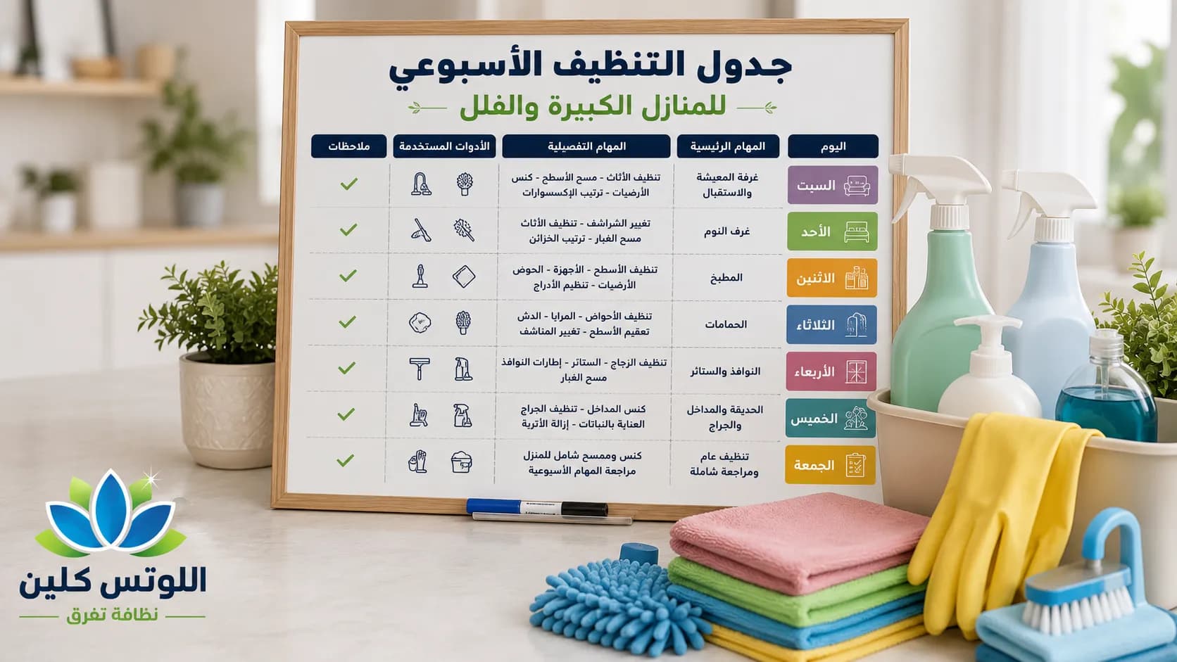 جدول التنظيف الأسبوعي للمنازل الكبيرة: كيف تحافظين على نظافة بيتك؟