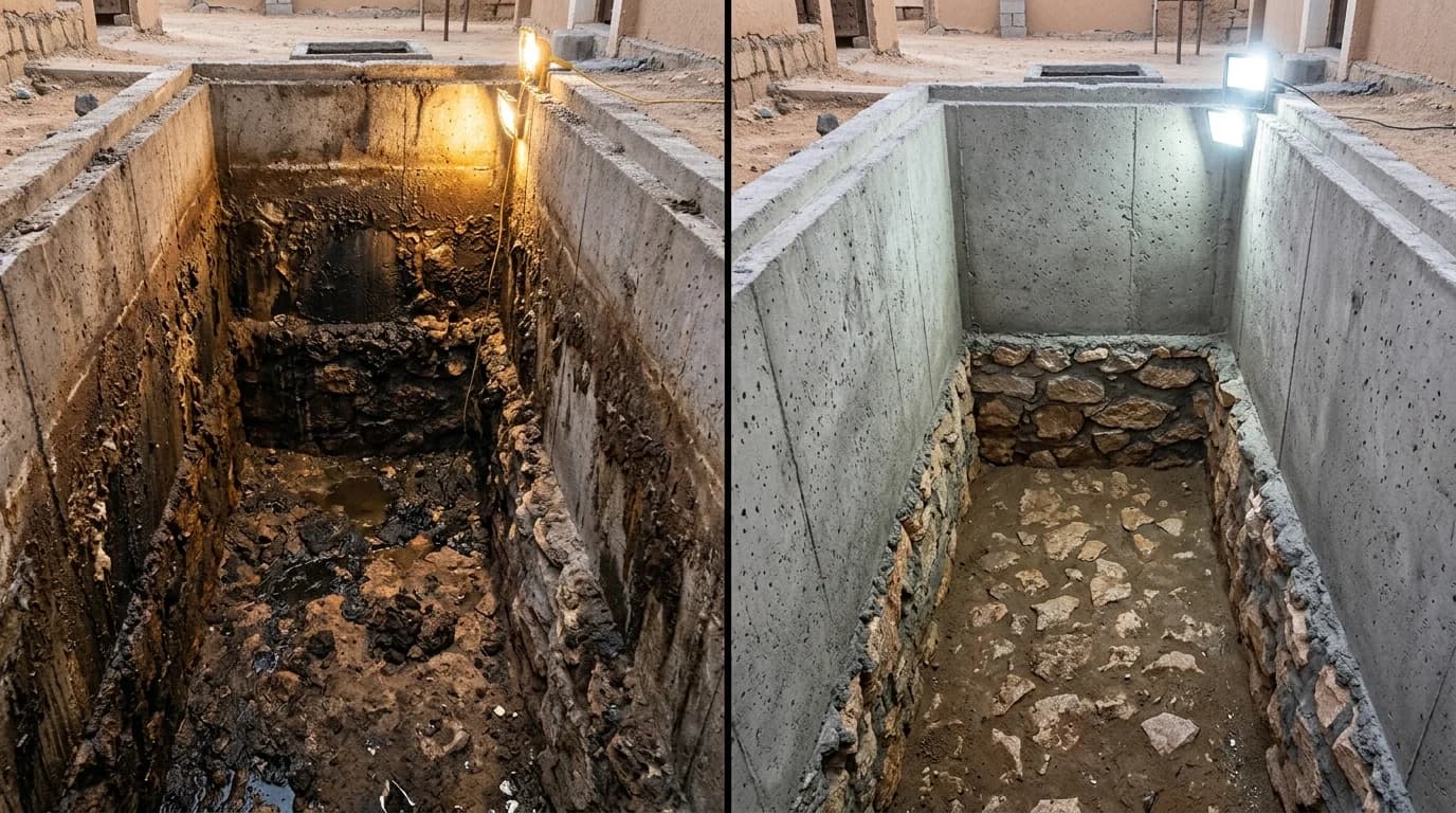 قبل وبعد غسيل وتفوير جدران وقاع البيارة الأرضية بجدة - إذابة الدهون وتفتيت الكتل الجيرية بالأسيد