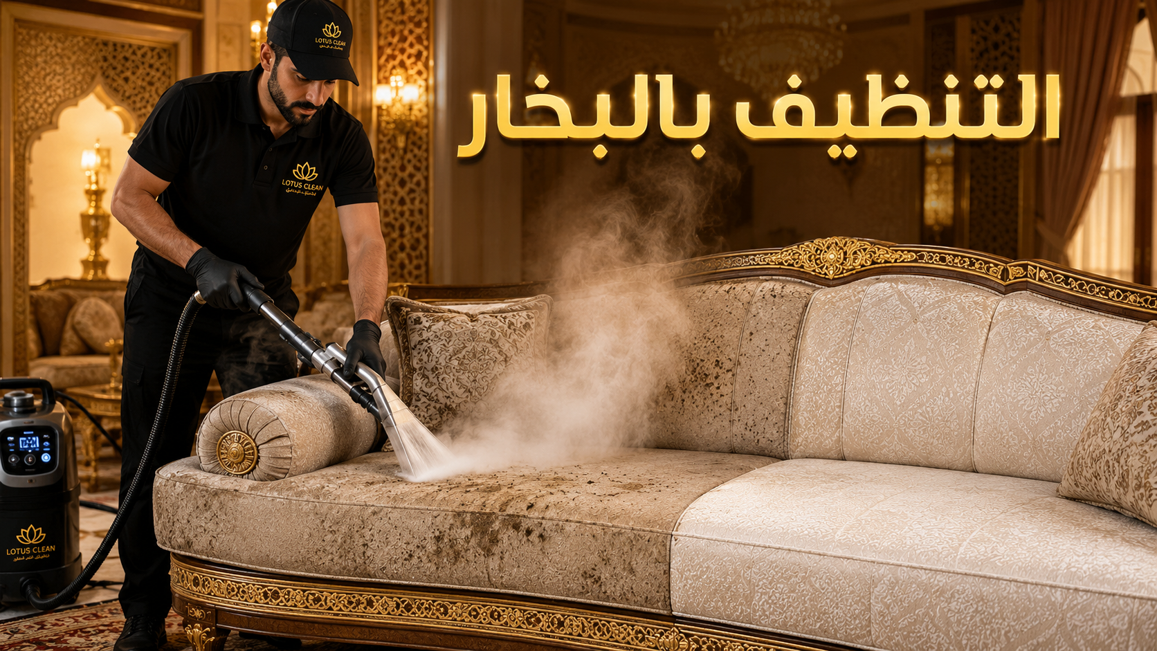 التنظيف بالبخار عامل من اللوتس كلين يقوم بالتنظيف بالبخار داخل مجلس فاخر